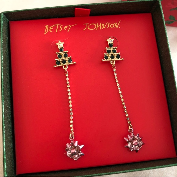 Betsey Johnson Gold Tone Christmas Tree, Cup Chain & Bow Drop Earrings NIB - Picture 9 of 12